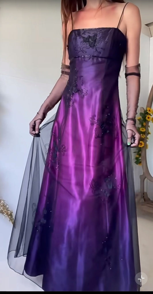 90s Midnight Purple Satin Long Prom Dress Enchanted Spaghetti Strap Beading & Tulle Evening Gown ED01959
