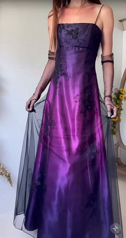 90s Midnight Purple Satin Long Prom Dress Enchanted Spaghetti Strap Beading & Tulle Evening Gown ED01959
