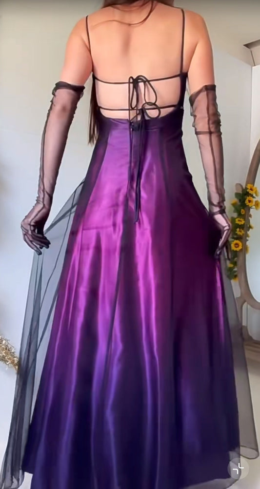 90s Midnight Purple Satin Long Prom Dress Enchanted Spaghetti Strap Beading & Tulle Evening Gown ED01959