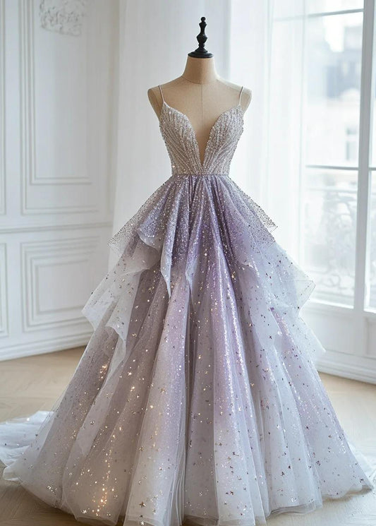 Vestido de noche formal de cuento de hadas con tirantes finos, corte A, tul, lentejuelas, escote en V profundo, capas, largo, ED01968