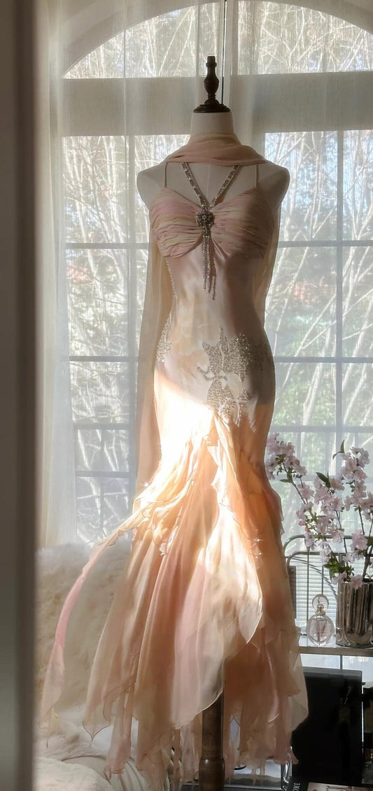 Vestido de fiesta estilo sirena de gasa con ombré, tirantes finos y escote en V, estilo cuento de hadas, estilo vintage, ED01971
