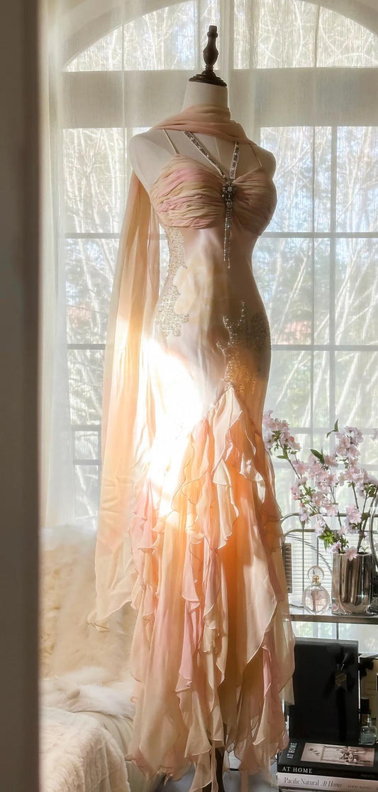 Vestido de fiesta estilo sirena de gasa con ombré, tirantes finos y escote en V, estilo cuento de hadas, estilo vintage, ED01971
