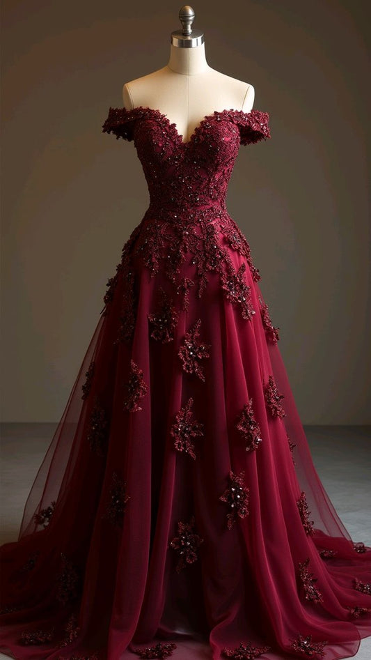 Hermoso vestido de fiesta largo de tul rojo con hombros descubiertos, corte A y cuentas, vestido de noche formal con apliques ED01977