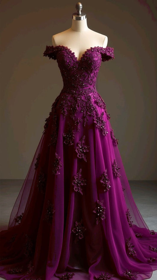 Hermoso vestido de fiesta largo de tul rojo con hombros descubiertos, corte A y cuentas, vestido de noche formal con apliques ED01977