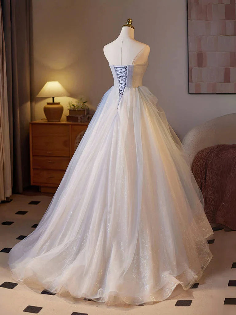 Fairytale A-Line Sweetheart Tulle Champagne Long Prom Dresses Beaded Sequins Sweet 16 DressesED01990