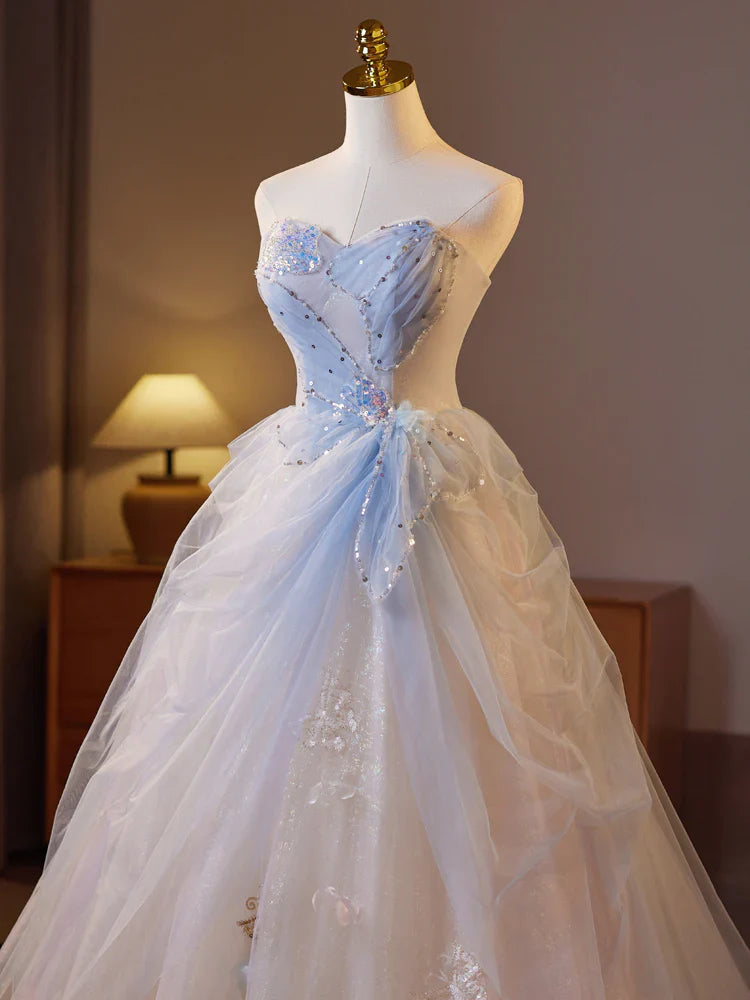 Fairytale A-Line Sweetheart Tulle Champagne Long Prom Dresses Beaded Sequins Sweet 16 DressesED01990