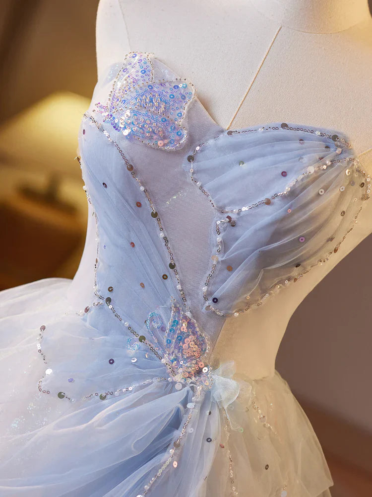 Fairytale A-Line Sweetheart Tulle Champagne Long Prom Dresses Beaded Sequins Sweet 16 DressesED01990