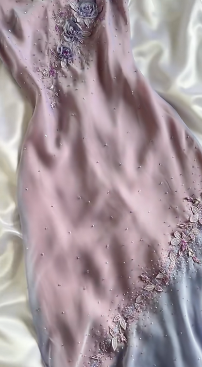 Vestido de fiesta corto vintage morado con tirantes finos, corte tubo, de gasa con cuentas brillantes y apliques, ED01991