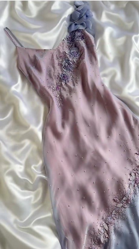Vestido de fiesta corto vintage morado con tirantes finos, corte tubo, de gasa con cuentas brillantes y apliques, ED01991