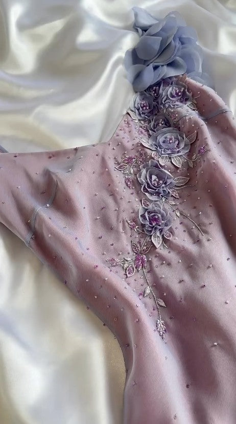 Vestido de fiesta corto vintage morado con tirantes finos, corte tubo, de gasa con cuentas brillantes y apliques, ED01991