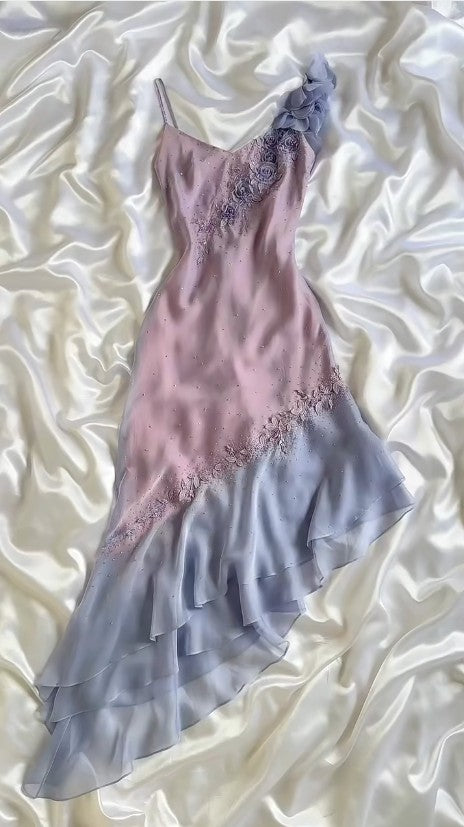 Vestido de fiesta corto vintage morado con tirantes finos, corte tubo, de gasa con cuentas brillantes y apliques, ED01991