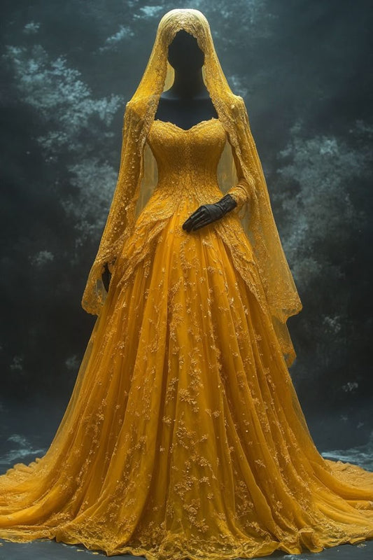 Vestido de fiesta largo clásico amarillo sin tirantes, corte A, de tul con apliques de encaje, vestidos de novia glamurosos ED01992