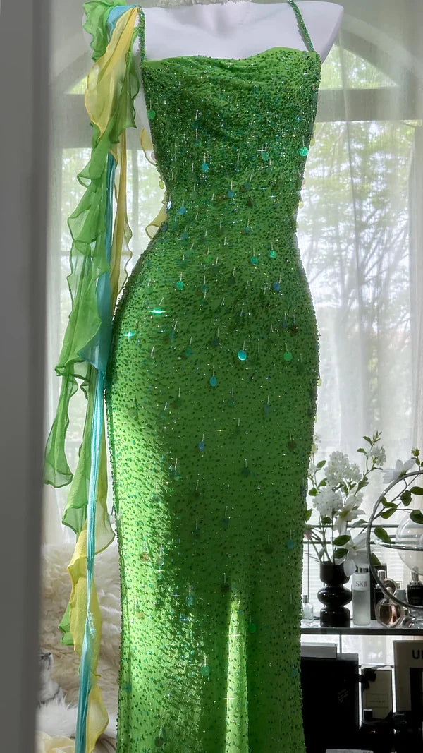 Fairytale Green Spaghetti Strap Mermaid Prom Dresses Sparkling Beaded Sequins Long Evening Dresses with Open Back ED01993