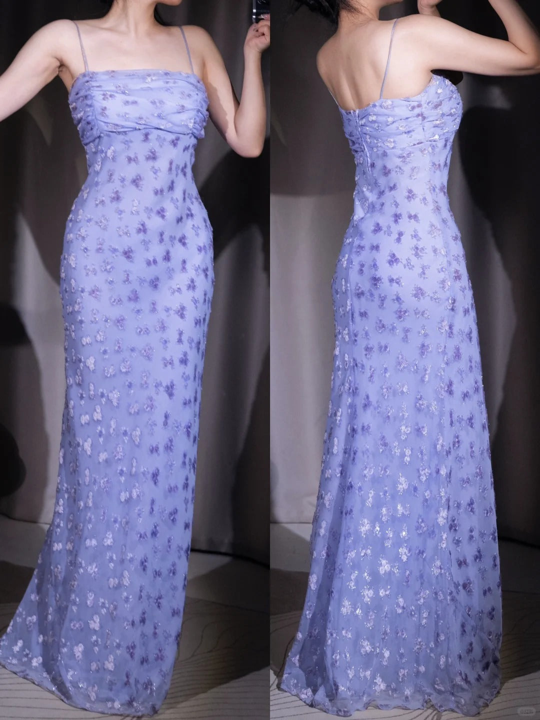 Vestido de fiesta gótico elegante de gasa morada con tirantes finos, largo y brillante con cuentas, ED02019