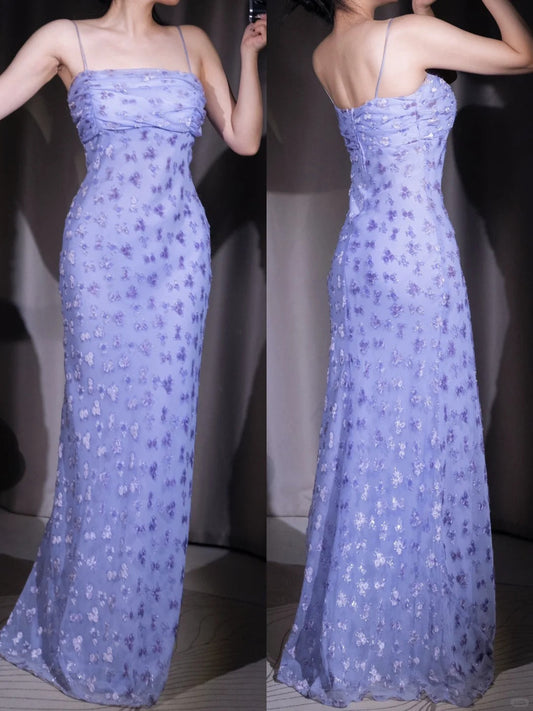 Vestido de fiesta gótico elegante de gasa morada con tirantes finos, largo y brillante con cuentas, ED02019
