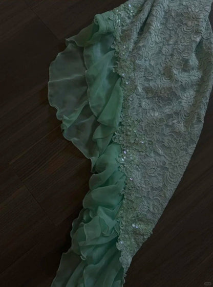 Fairytale Mint Green Spaghetti Straps Bodycon Chiffon Prom Dresses Lace Applique Sweet Party Dresses ED02027