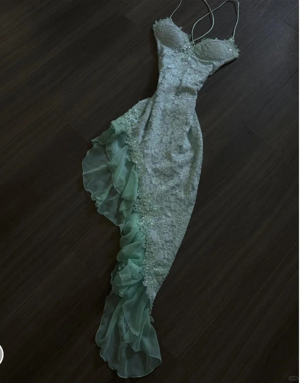 Fairytale Mint Green Spaghetti Straps Bodycon Chiffon Prom Dresses Lace Applique Sweet Party Dresses ED02027