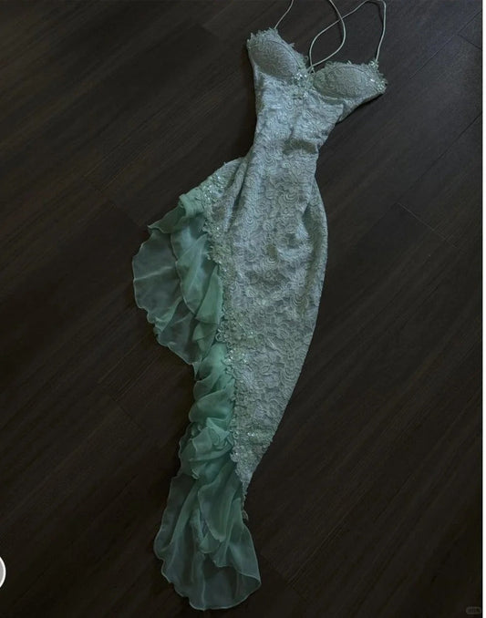 Fairytale Mint Green Spaghetti Straps Bodycon Chiffon Prom Dresses Lace Applique Sweet Party Dresses ED02027