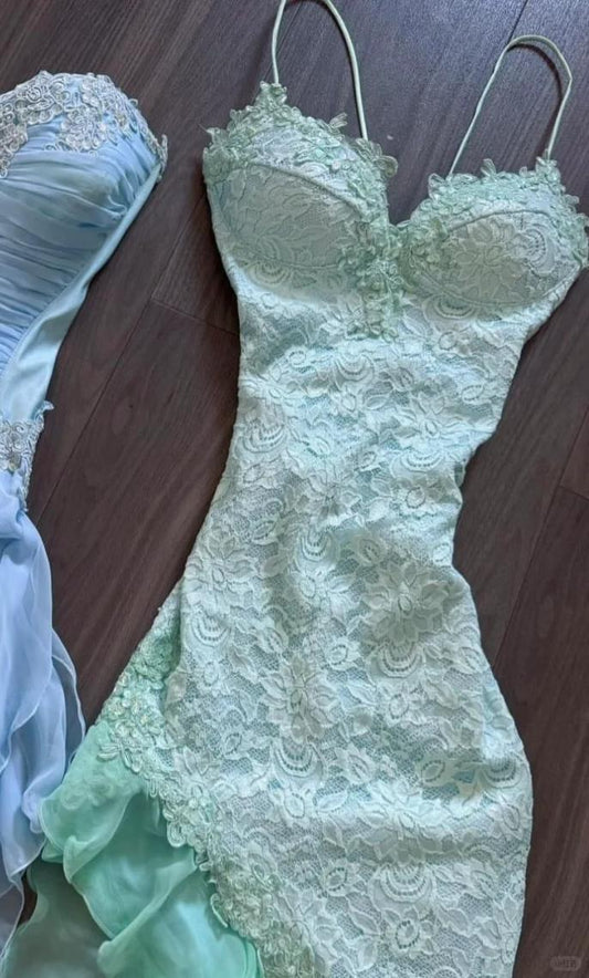Fairytale Mint Green Spaghetti Straps Bodycon Chiffon Prom Dresses Lace Applique Sweet Party Dresses ED02027