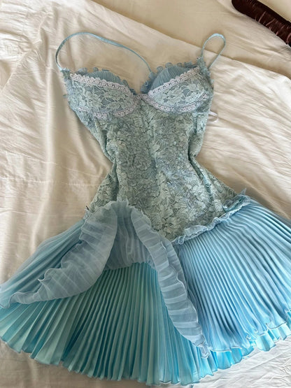 Vestido de fiesta de gasa con tirantes finos en azul Tiffany, con apliques de encaje, corto, para graduación y regreso a casa, ED02028