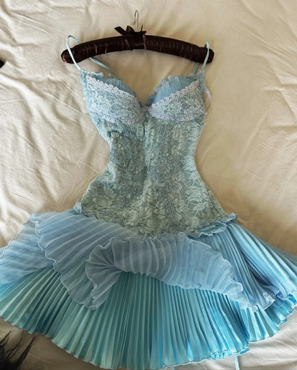 Vestido de fiesta de gasa con tirantes finos en azul Tiffany, con apliques de encaje, corto, para graduación y regreso a casa, ED02028