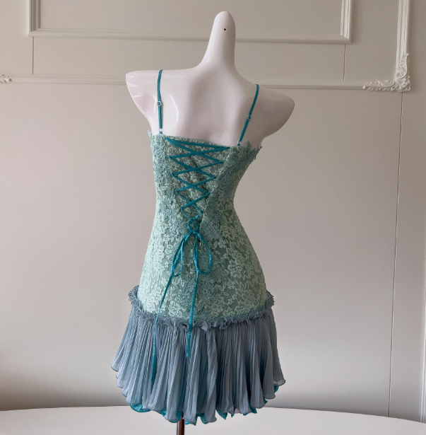 Vestido de fiesta de gasa con tirantes finos en azul Tiffany, con apliques de encaje, corto, para graduación y regreso a casa, ED02028