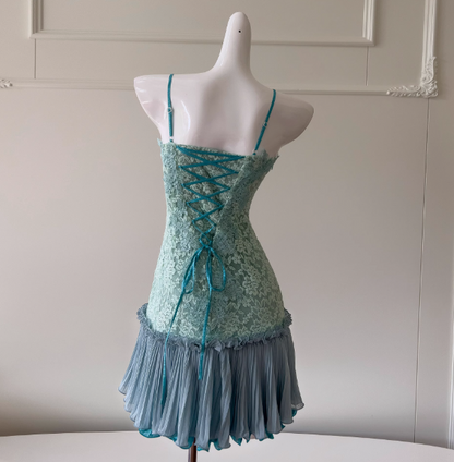 Vestido de fiesta de gasa con tirantes finos en azul Tiffany, con apliques de encaje, corto, para graduación y regreso a casa, ED02028