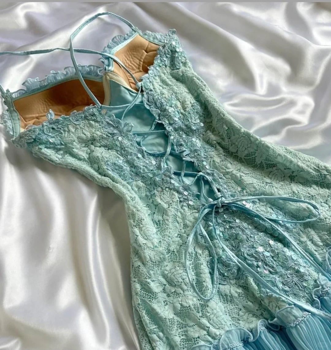 Vestido de fiesta de gasa con tirantes finos en azul Tiffany, con apliques de encaje, corto, para graduación y regreso a casa, ED02028