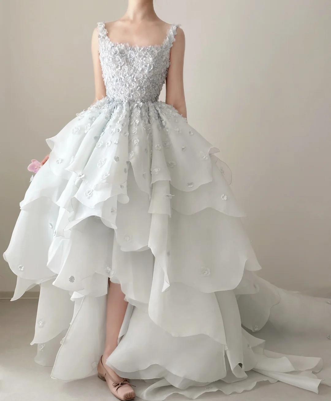 Fairytale Spaghetti Straps A-Line Open Back Chiffon Layered Train Wedding Dresses ED02031