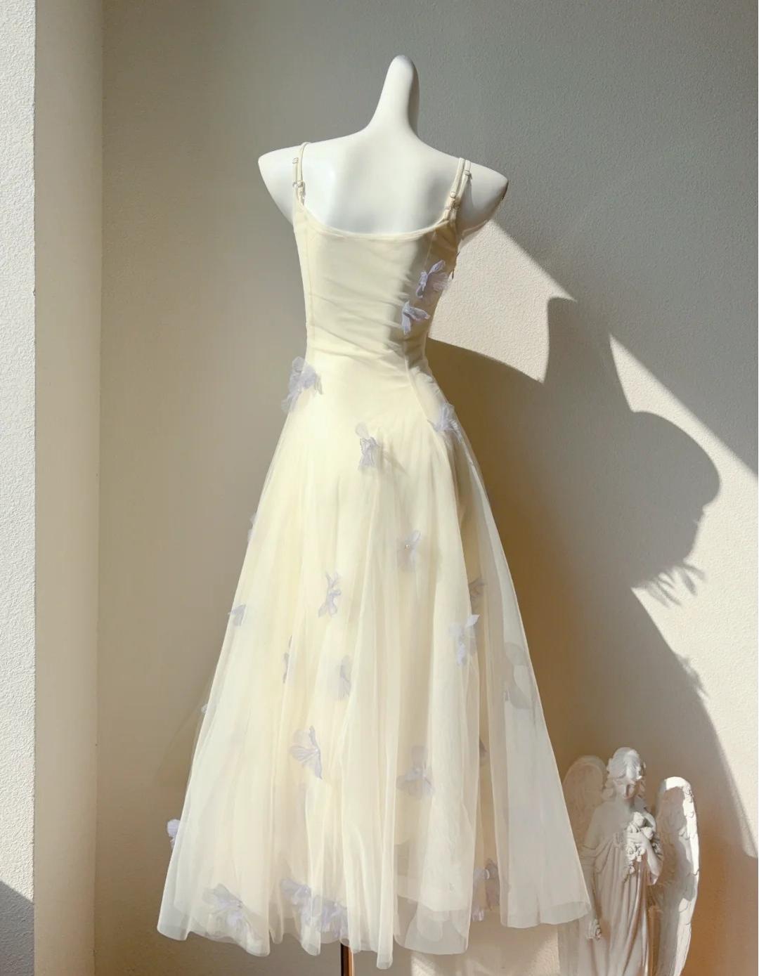 Vestido de fiesta de cumpleaños con tirantes finos, corte A, color crema, blanco, escote cuadrado, de tul, estilo cuento de hadas, ED02034