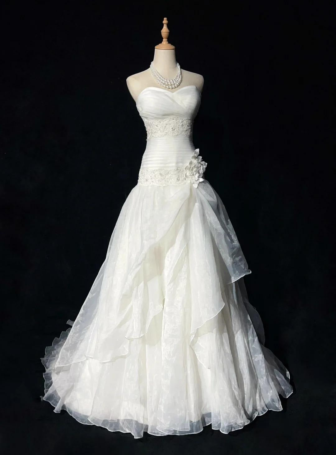 Vestidos de novia largos de fiesta con apliques de encaje y tul, sin tirantes, color blanco glamuroso, ED02049