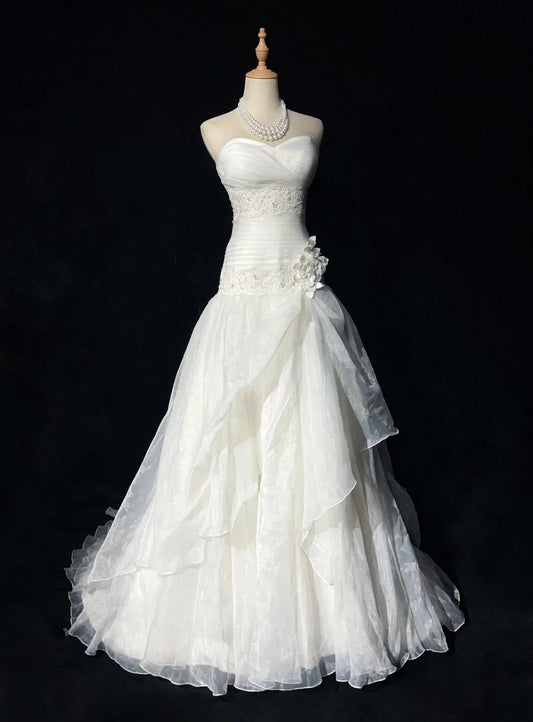 Vestidos de novia largos de fiesta con apliques de encaje y tul, sin tirantes, color blanco glamuroso, ED02049