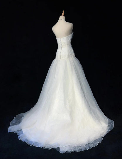 Vestidos de novia largos de fiesta con apliques de encaje y tul, sin tirantes, color blanco glamuroso, ED02049
