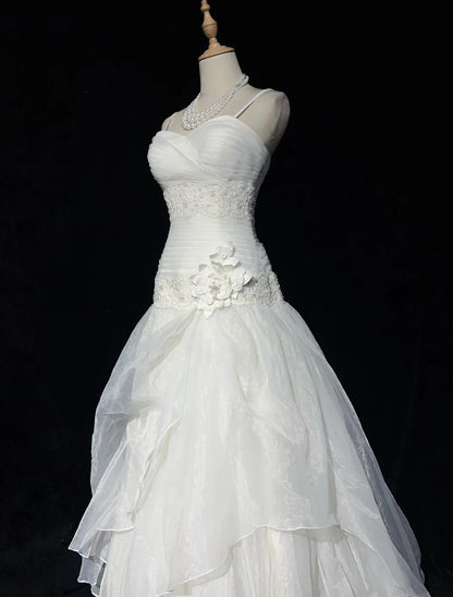 Vestidos de novia largos de fiesta con apliques de encaje y tul, sin tirantes, color blanco glamuroso, ED02049
