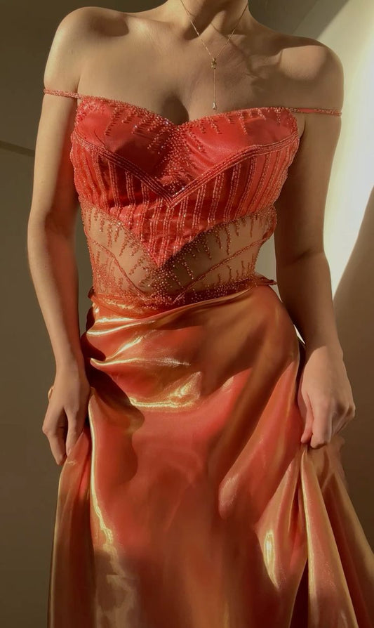 Hermosos vestidos de fiesta de tul con cuentas y tirantes finos en color naranja, elegantes vestidos de graduación ED02051