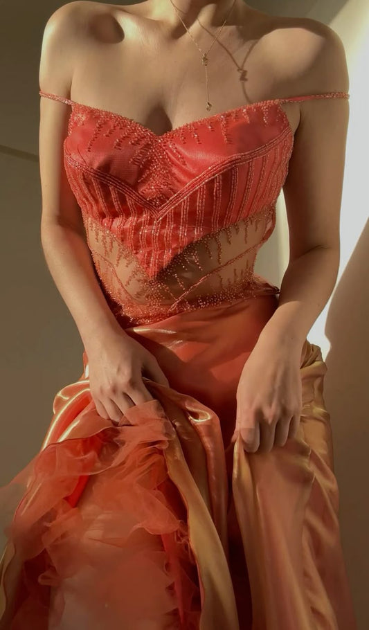Hermosos vestidos de fiesta de tul con cuentas y tirantes finos en color naranja, elegantes vestidos de graduación ED02051