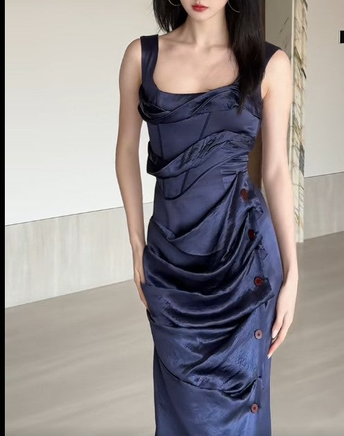 Vestido de fiesta azul marino con escote cuadrado y pliegues de satén ED02053