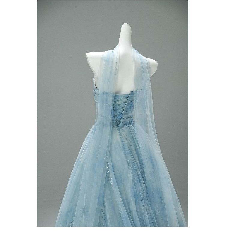 Hermoso vestido de noche azul sin tirantes, corte A, de tul, con brillantes cuentas, largo, para fiesta ED02059