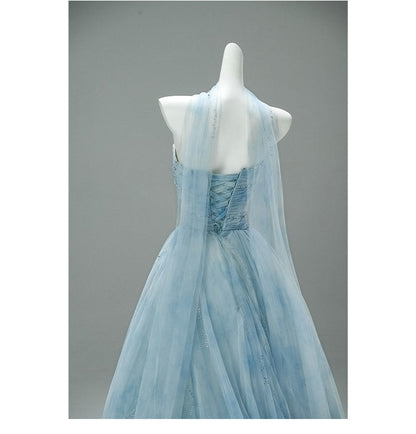 Hermoso vestido de noche azul sin tirantes, corte A, de tul, con brillantes cuentas, largo, para fiesta ED02059