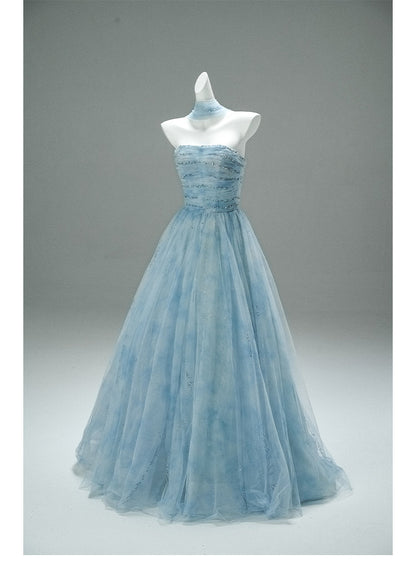 Hermoso vestido de noche azul sin tirantes, corte A, de tul, con brillantes cuentas, largo, para fiesta ED02059