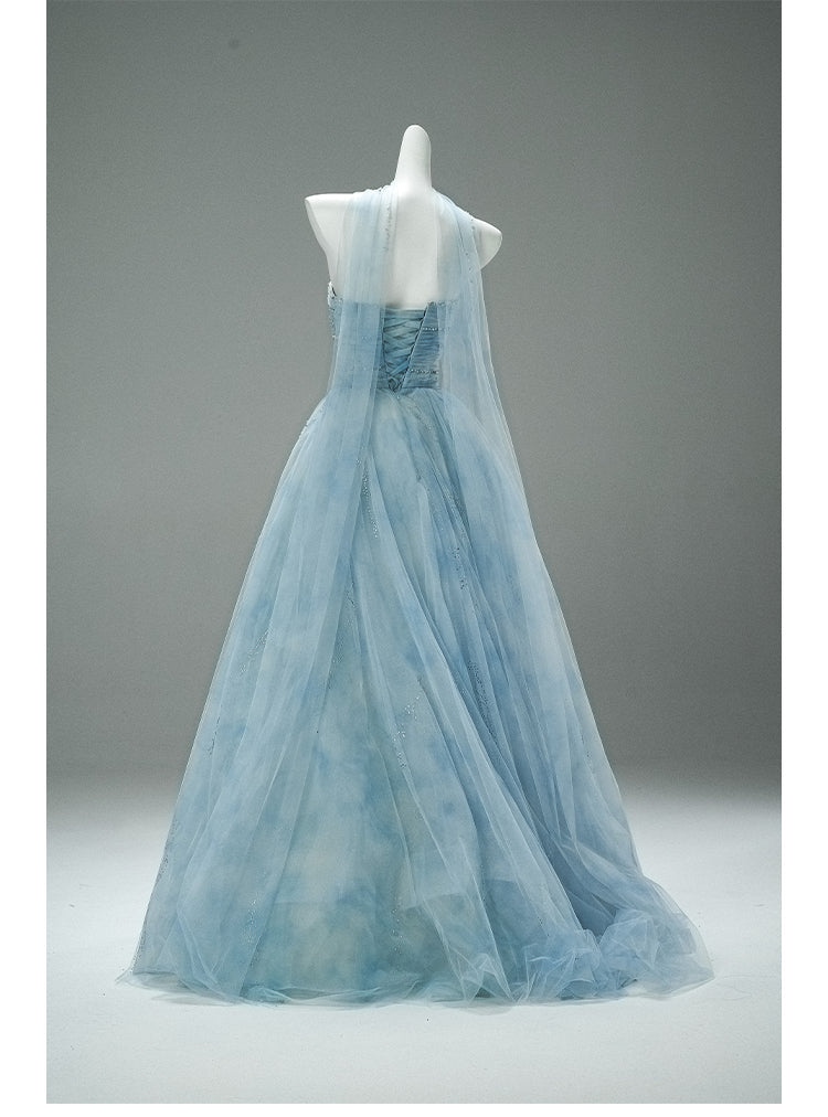 Hermoso vestido de noche azul sin tirantes, corte A, de tul, con brillantes cuentas, largo, para fiesta ED02059