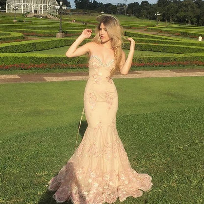 Hermosos vestidos de noche formales de sirena con escote corazón y apliques de encaje, vestidos largos de fiesta ED02068