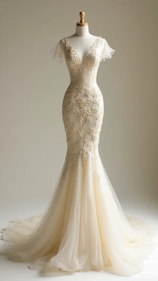 Elegante vestido de novia color marfil con escote en V, tul, sirena, apliques de encaje, vestido de noche sencillo ED02082