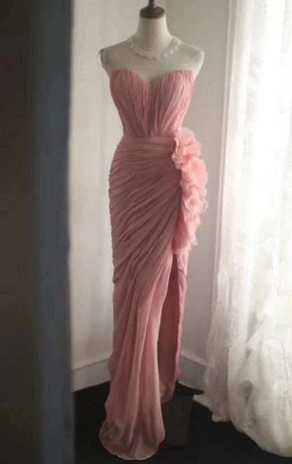Vestido de noche sencillo sin tirantes color melocotón dulce ED02098