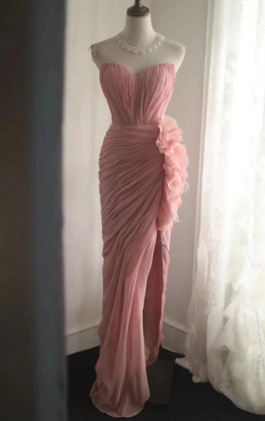 Vestido de noche sencillo sin tirantes color melocotón dulce ED02098