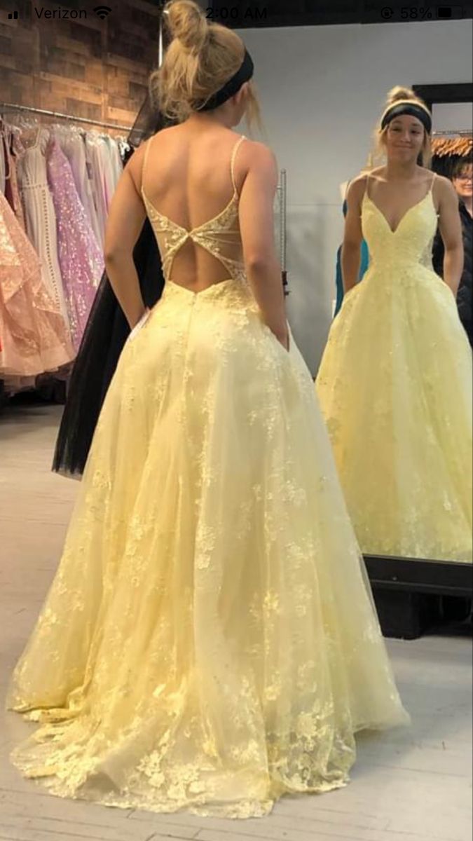 Hermoso vestido de novia amarillo con tirantes finos, tul, encaje y apliques, corte A, vestido de noche formal ED02100