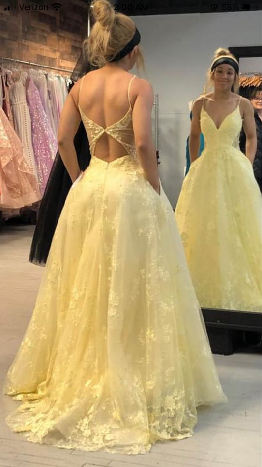 Hermoso vestido de novia amarillo con tirantes finos, tul, encaje y apliques, corte A, vestido de noche formal ED02100