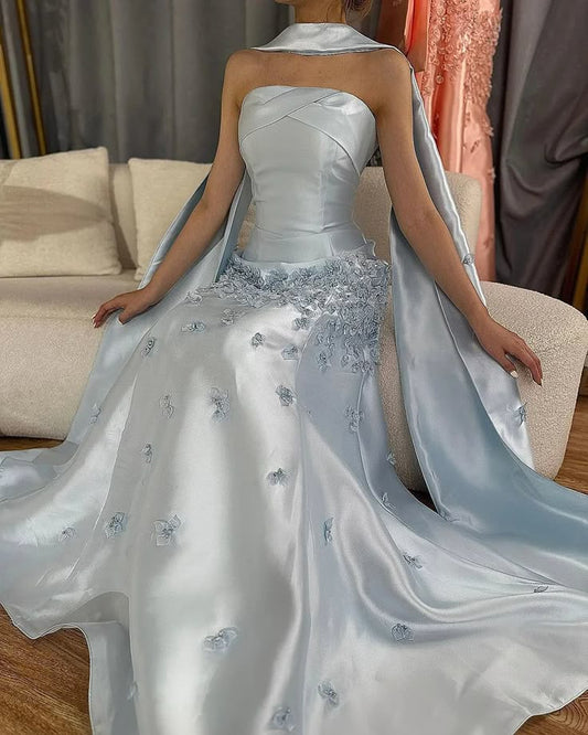 Elegante vestido de novia de satén gris azulado, corte A, sin tirantes, vestido de noche formal ED02104