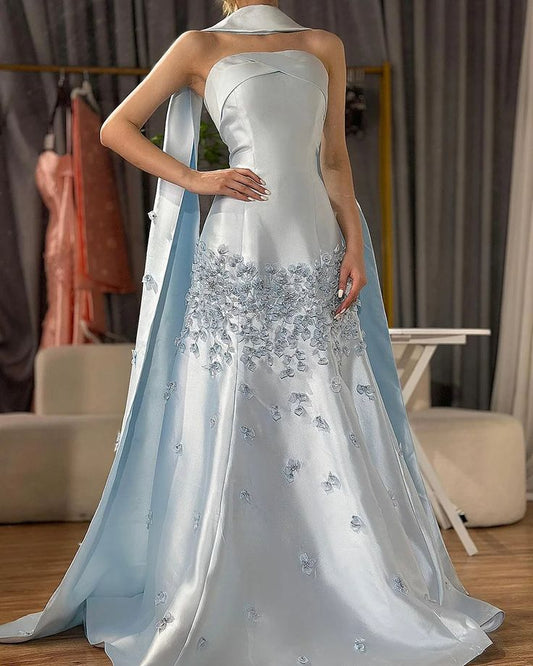 Elegante vestido de novia de satén gris azulado, corte A, sin tirantes, vestido de noche formal ED02104