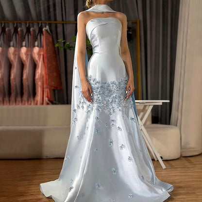 Elegante vestido de novia de satén gris azulado, corte A, sin tirantes, vestido de noche formal ED02104
